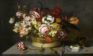 Klassik Blumen Werke - Bosschaert Ambrosius Blumen in einem Korb mit einer Nelke einer Rose und einer Eidechse auf einem Tisch